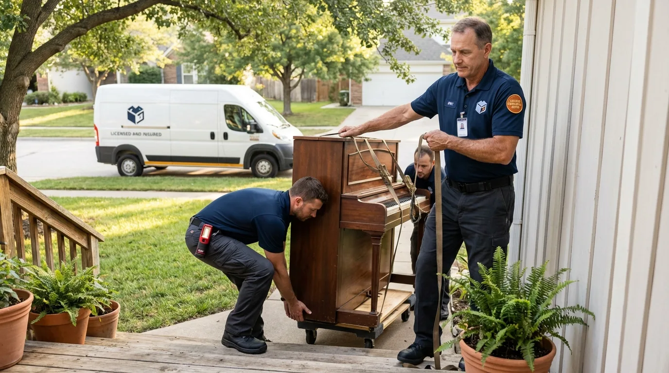 Licensed piano movers securing grand piano in Edgecomb, ME